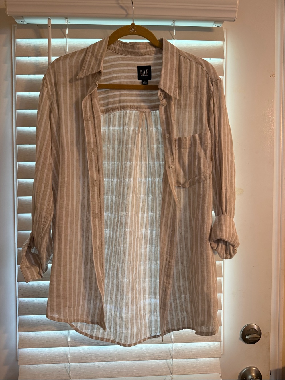 GAP Beige and White Striped Lightweight Button-Front Shirt Jacket